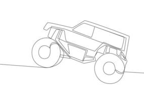 Continuous line drawing of 4x4 wheel steering offroad jeep trail car for competition and tournament. Rally adventure vehicle transportation concept. One single continuous line draw design vector