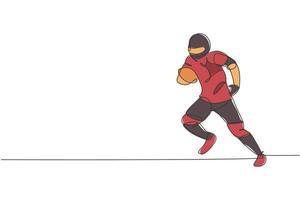 dibujo de una sola línea continua de un joven jugador de fútbol americano ágil que sostiene el balón y evita a los oponentes para los medios de competencia. concepto de ejercicio deportivo. ilustración de vector de diseño de dibujo de una línea de moda