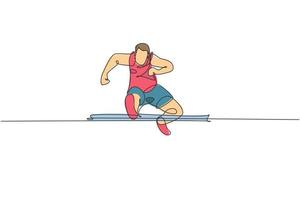 soltero continuo línea dibujo de joven contento salud corredor hombre saltar corriendo pasar obstáculo a correr pista. divertido deporte trotar y sano estilo de vida concepto. de moda uno línea dibujar diseño vector ilustración