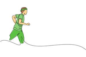 One continuous line drawing of young sporty runner man relax running at countryside. Healthy lifestyle and fun jogging sport concept. Dynamic single line draw design graphic vector illustration