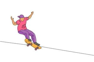 Single continuous line drawing of young cool skateboarder man riding skate and performing jump trick in skate park. Practicing outdoor sport concept. Trendy one line draw design vector illustration