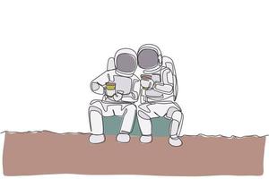 One single line drawing two young happy astronauts sitting while drinking coffee together in moon surface graphic vector illustration. Cosmonaut outer space concept. Modern continuous line draw design