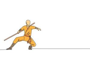 One continuous line drawing of young shaolin monk man practice kung fu with stick at temple ground. Traditional Chinese combative sport concept. Dynamic single line draw design vector illustration