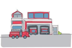 Single continuous line drawing of fire station building construction. Firefighter base camp isolated minimalism concept. Dynamic one line draw graphic design vector illustration on white background