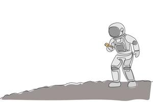 One single line drawing of cosmonaut  in moon surface make a call to family in earth with smartphone vector illustration. Astronaut business office with outerspace concept. Continuous line draw design