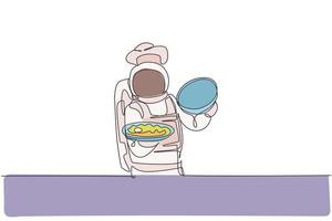 Un dibujo de línea continua del joven chef astronauta abriendo una bandeja de comida con un plato delicioso. menú de comida de cocina saludable en concepto de restaurante. Ilustración de vector de diseño de dibujo de línea única dinámica