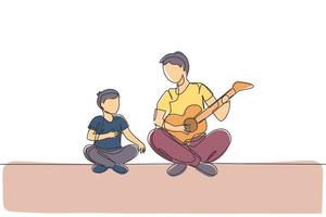 un dibujo de línea continua de un padre joven tocando la guitarra y cantando feliz junto con su hijo en casa. concepto de paternidad familiar feliz. Ilustración gráfica de vector de diseño de dibujo de línea única dinámica