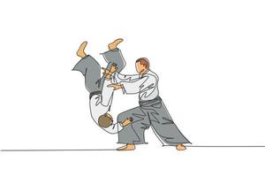 Un dibujo de una sola línea de un joven enérgico vestido con kimono ejercicio técnica de lanzamiento de aikido en la ilustración de vector de pabellón deportivo. concepto de deporte de estilo de vida saludable. diseño moderno de dibujo de línea continua