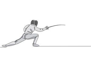 One single line drawing of young man fencer athlete in fencing costume exercising motion on sport arena vector illustration. Combative and fighting sport concept. Modern continuous line draw design