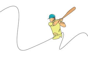 One continuous line drawing of young sporty man baseball player exercise to hit the ball. Competitive sport concept. Dynamic single line draw design vector graphic illustration for promotion poster