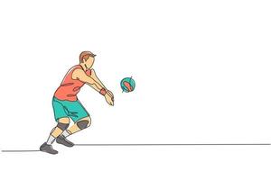 soltero continuo línea dibujo de masculino joven vóleibol atleta jugador en acción bloquear adversario espiga en corte. equipo deporte concepto. competencia juego. de moda uno línea dibujar diseño vector ilustración