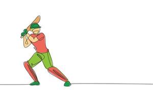 un dibujo de línea continua de un joven jugador de cricket feliz de pie para practicar la ilustración del vector de swing de bate. concepto de deporte competitivo. diseño dinámico de dibujo de una sola línea para póster publicitario