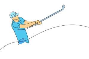 Single continuous line drawing of young happy golf player swing the golf club to hit the ball. Hobby sport concept. Trendy one line draw design vector illustration for golf tournament promotion media