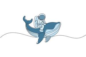 Single continuous line drawing of cosmonaut with spacesuit riding blue whale, giant mammal animal in universe. Fantasy astronaut safari journey concept. Trendy one line draw design vector illustration