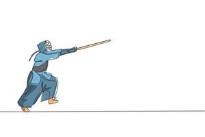 dibujo de una sola línea continua de un joven deportista que practica el ataque de kendo golpeó la habilidad de arte marcial en el centro deportivo del gimnasio. concepto de deporte de lucha. Ilustración de vector de diseño gráfico de dibujo de una línea de moda