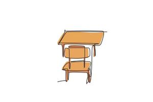 Single continuous line drawing of wooden school chair and table set. Back to school minimalist style. Education concept. Modern one line draw graphic design vector illustration