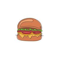 dibujo de una sola línea continua de la etiqueta del logotipo de la hamburguesa americana. Emblema concepto de restaurante sándwich de comida rápida. ilustración de vector de diseño de dibujo de una línea moderna para cafetería, tienda o servicio de entrega de alimentos