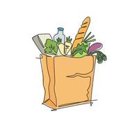 One continuous line drawing of fresh delicious vegetables, milk, baguette, and bread inside paper grocery bag. Staple food concept. Modern single line draw design vector graphic illustration