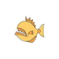 Single continuous line drawing of wild and fierce piranha for logo identity. Monster fish mascot concept for warning dangerous river sign icon. One line draw graphic design vector illustration