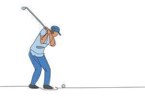One continuous line drawing of young golf player swing golf club and hit the ball. Leisure sport concept. Dynamic single line draw design vector illustration graphic for tournament promotion media