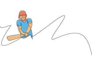 One continuous line drawing of young happy man cricket player hit the ball to home run vector illustration. Competitive sport concept. Dynamic single line draw design for cricket advertisement poster