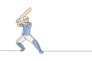 Single continuous line drawing of young agile man cricket player standing and ready to hit the ball vector illustration. Sport exercise concept. Trendy one line draw design for cricket promotion media