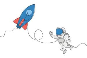 Single continuous line drawing of astronaut in spacesuit flying at outer space with rocket spacecraft. Science milky way astronomy concept. Trendy one line draw graphic design vector illustration