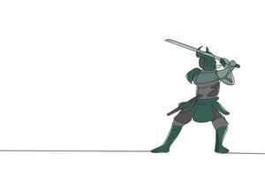 un dibujo de línea continua del joven samurai shogun de valentía con máscara lista para atacar en la sesión de entrenamiento. concepto de deporte de combate de artes marciales. Ilustración de vector de diseño de dibujo de línea única dinámica