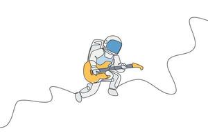 One continuous line drawing of astronaut with spacesuit playing acoustic guitar in galaxy universe. Outer space music concert concept. Dynamic single line draw design vector graphic illustration