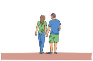 un dibujo de línea continua de la joven pareja esposa y esposo caminando y tomados de la mano juntos, vista posterior. concepto de crianza de los hijos de familia feliz. Ilustración de vector de diseño de dibujo de línea única dinámica