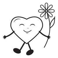 en forma de corazon personaje con flor, negro describir, vector ilustración en garabatear estilo