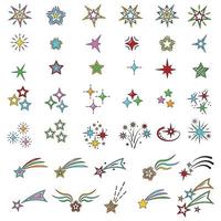 A set of cartoon colorful vector illustrations of stars, comet, salute, fireworks, isolated on a white background.