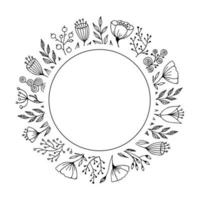 Frame round shape with doodle of flowers and herbs. Hand drawn monochrome vector illustration for greeting card and invitation.