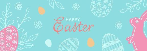 Happy Easter banner. Hand drawn vector illustration with rabbit, eggs, twigs, flowers and lettering for paty Easter design in pastel colors.