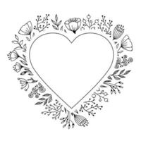 Frame heart shape with doodle of flowers and herbs. Hand drawn monochrome vector illustration for greeting card and invitation.