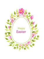 Watercolor Easter frame egg shape with congratulation Happy Easter. Hand drawn vector illustration for greeting card, poster, sticker and other holiday design.