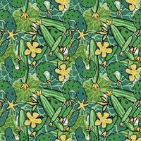 Seamless pattern of green flowering cucumbers for decoration of kitchen items and textiles vector