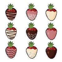 A set of strawberries in white, dark and fruit chocolate with stripes of chocolate icing and multi-colored sugar sprinkles. Vector illustration isolated on white background.