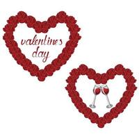 corazón de rosas, inscripción San Valentín día y lentes con vino. sin costura modelo. vector ilustración.
