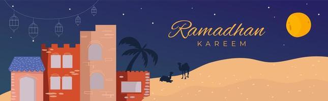 Ramadán kareem bandera en el Desierto a noche vector