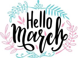 Hello March, vector banner design template with images of green leaves and lettering composition