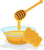 Composition with fresh honey on white background. Set of honey. Vector illustration in a flat style. Honeycomb, wooden honey dipper, glass cup full of honey