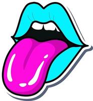 Half-open mouth of a sexy woman, licking, protruding tongue, talking. Sexy woman's mouth or lips licking with tongue sticking out. Framed as a sticker vector
