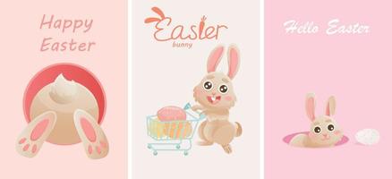 Happy Easter greeting card with cute bunny with eggs and flowers. Vector rabbit character set. Animal wildlife holidays cartoon. Holiday decent vector character