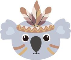 Koala face with feather headband, poster for kids room, greeting cards, kids and baby clothes. Isolated vector. vector