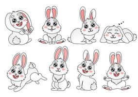 Cartoon set of cute bunnies. Banner with vector illustrations. Vector doodle bunny is sitting, jumping, greeting in cute poses. Animal wildlife cartoon