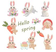 Spring big set with cute bunny, flowers. Vector rabbit character set. Animal wildlife holidays cartoon. Holiday decent vector character