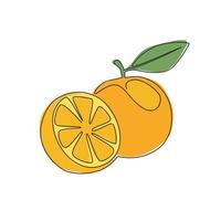 Single continuous line drawing of sliced and whole healthy organic orange for orchard logo identity. Fresh summer fruitage concept for fruit juice icon. Modern one line draw design vector illustration