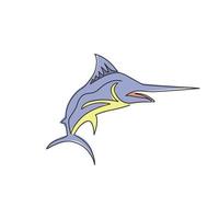 One single line drawing of giant marlin for fresh meat company logo identity. Jumping swordfish mascot concept for seafood can icon. Continuous line graphic draw design vector illustration