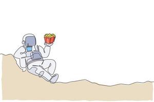 un dibujo de línea continua del cosmonauta tendido, relajarse en la superficie de la luna, comer papas fritas y beber refrescos suaves. concepto de vida de astronauta del espacio exterior de fantasía. Ilustración de vector de diseño de dibujo de una sola línea